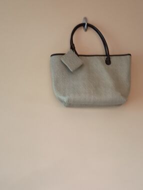 Women's Textured Tote Bag in Tan with Dark Handles, Woven Interior, and Coin Bag